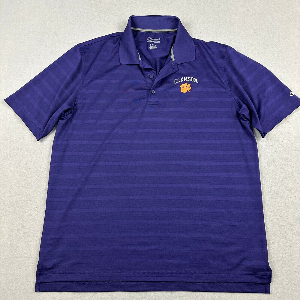 Clemson Tigers Polo Shirt Men Large Purple Stripe Champion NCAA Paw Logo L